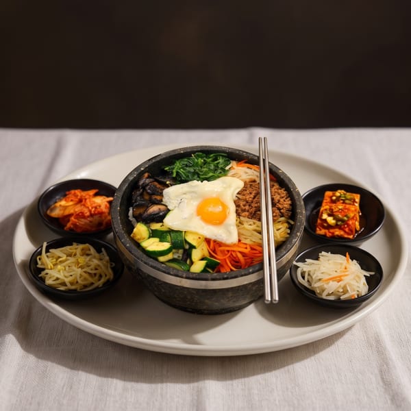 Bibimbap in a stone bowl with a fried egg, surrounded by four small side dishes and chopsticks.