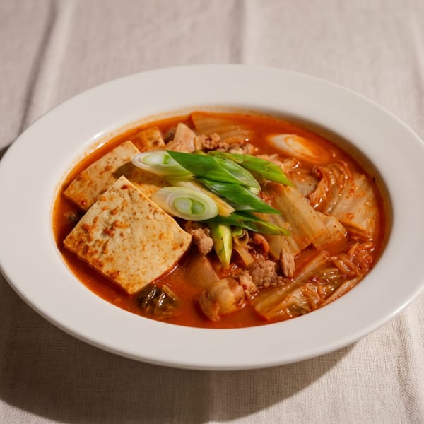 A white bowl of kimchi jjigae with tofu, pork, and green onions on a white tablecloth.