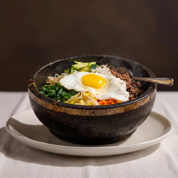 Steaming bibimbap in a dark stone bowl with a fried egg, meat, and vegetables.