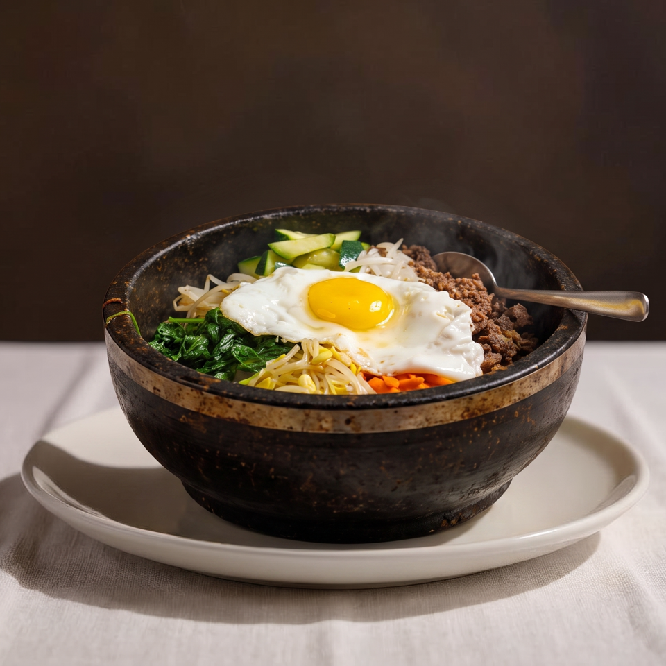 Steaming bibimbap in a dark stone bowl with a fried egg, meat, and vegetables.