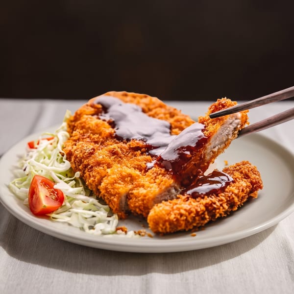 Crispy tonkatsu with dark sauce, shredded cabbage, and a tomato wedge on a white plate.