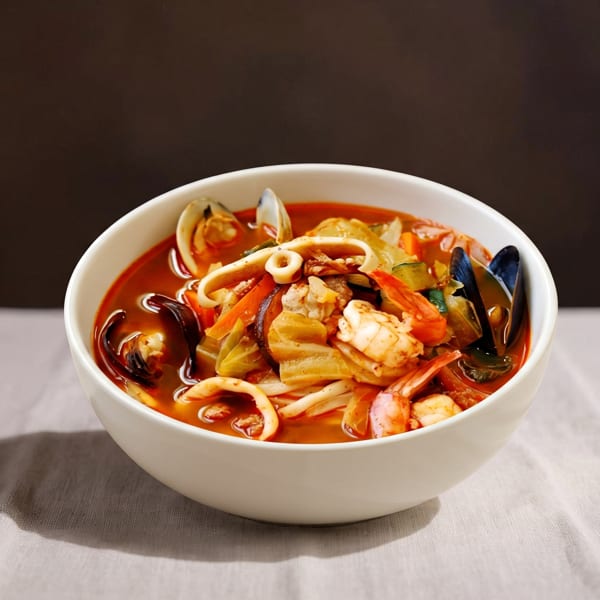 A white bowl of spicy seafood noodle soup with shrimp, squid, mussels, and vegetables.