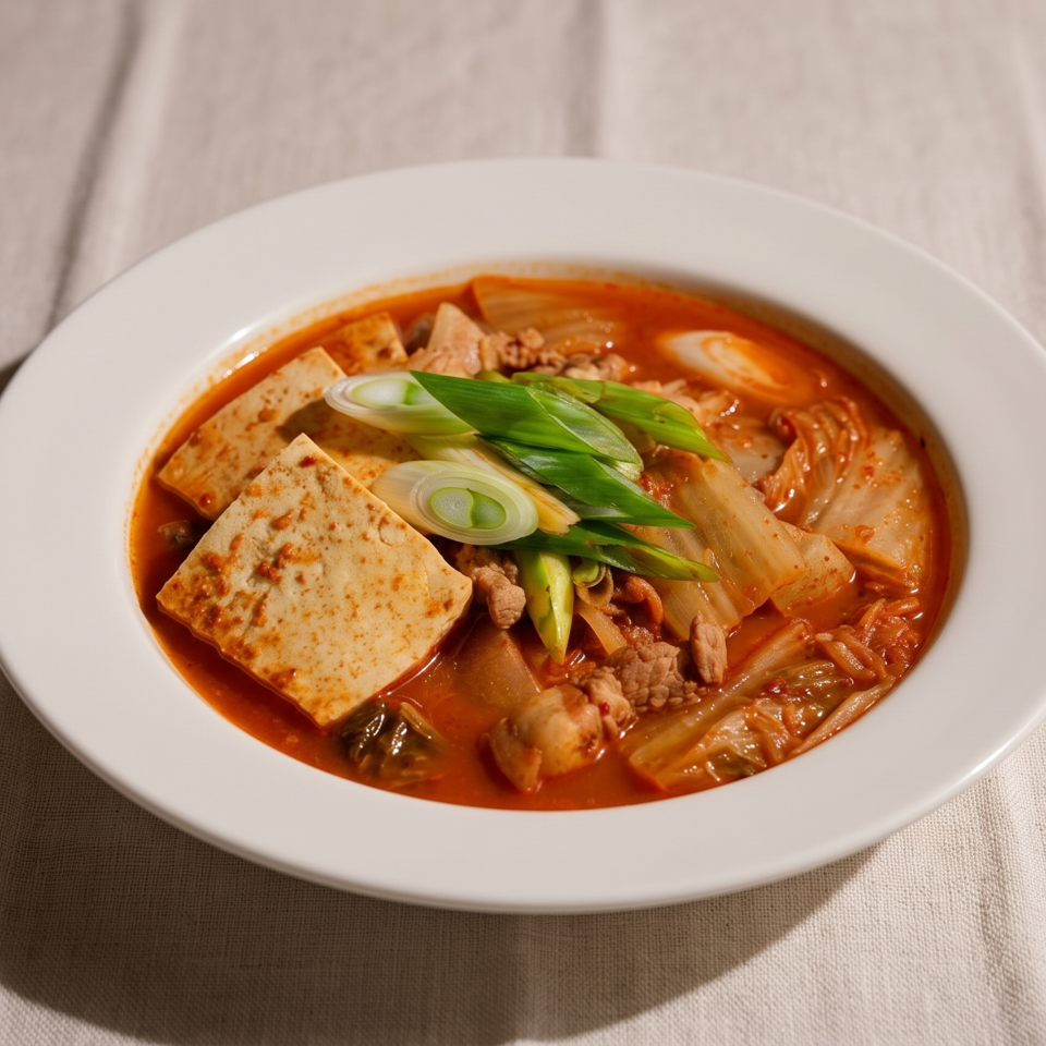 A white bowl of kimchi jjigae with tofu, pork, and green onions on a white tablecloth.